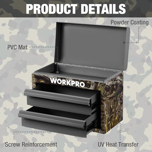 WORKPRO Metal Mini Tool Box with 2 Drawers and Top Storage | Cold Rolled Steel Toolbox, Ball Bearing Slides, PVC Drawer Liners, PP Feet Pads, Durable Storage - color: Green Camo