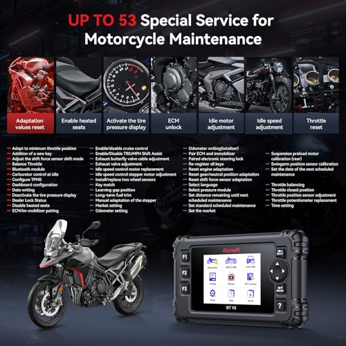 iCarsoft MT V6 for Triumph Motorcycle Full System Diagnostic Scan Tool Motorbike, Car 2-in-1 OBD2 Scanner Code Reader Up to 53 Services and 55 Bidirectional Tests Battery Test Lifetime Free Update