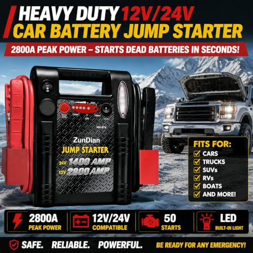 12V/24V Jump Starter - ZunDian 2800/1400 Amp Heavy Duty Battery Booster Pack, Portable Emergency Power for Cars, Trucks, SUVs, Tractors, Jump Box with USB/DC Power Unit