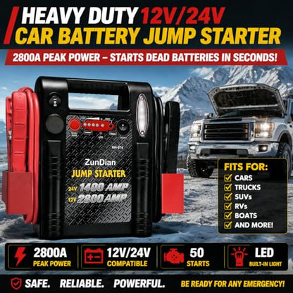 12V/24V Jump Starter - ZunDian 2800/1400 Amp Heavy Duty Battery Booster Pack, Portable Emergency Power for Cars, Trucks, SUVs, Tractors, Jump Box with USB/DC Power Unit