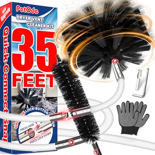 PetOde 35 Feet Dryer Vent Cleaner Kit, Lint Remover, Upgraded Flexible Quick-Snap Brush with Drill Attachment, Extends Up to 35 FEET for Easy Cleaning, Cleaning Tools Use with/Without a Power Drill - size: 35 feet