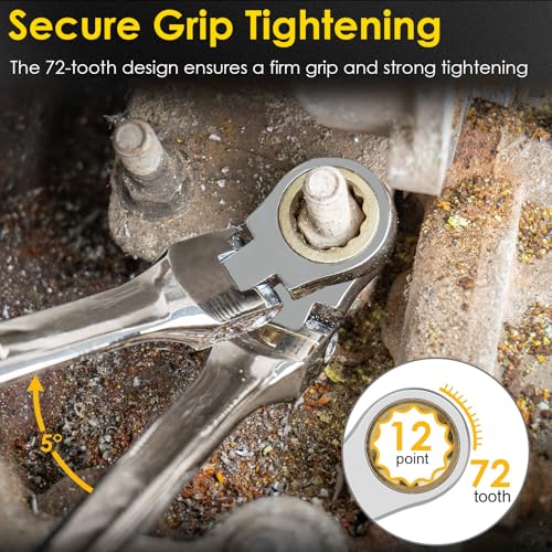 YIYEIE 14 * 15 mm Extra Long Flex-Head Ratcheting Wrench, Metric, 72-Tooth Double Box End Long Handle Ratchet Wrench, CR-V Steel with Mirror Finish Labor-Saving Spanner - size: Extra Long 14mm x 15mm