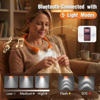 LED Neck Light with Bluetooth Speaker,Bendable Book Light 2600mAh | Reading Light,5.7oz adjustable angle,5 modes 80H+,500 lumens rechargeable,for camping hiking Knitting reading repairing - color: Orange