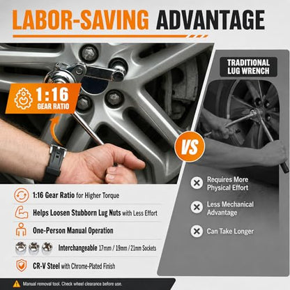 Labor Saving Torque Multiplier Wrench Set, 1:16 Ratio Lug Nut Remover with 1/2" Drive, Heavy Duty Lug Wrench for Loosening Stubborn Wheel Nuts, Includes 17/19/21mm & SAE Sockets for Cars, SUV, RV