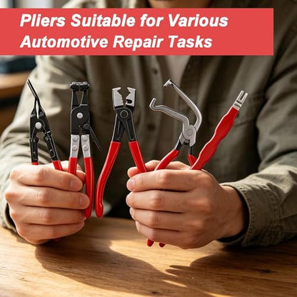 5Pcs Automotive Electrical Disconnect Pliers Kit, Connector & Removal Tool | Hose Clamp Pliers, Wire Terminal Remover, 60° Angled Separator and Trim Clip Tool for Wire Harness & Plugs with Storage Case