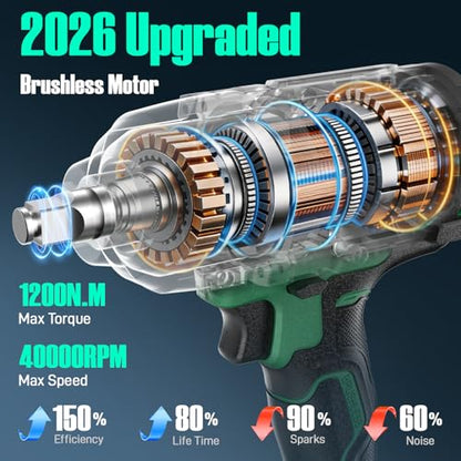 KIMO Impact Wrench 1/2 Inch, 890Ft-Lbs(1200N.m), 4000RPM/2900IPM Brushless Motor High Torque Impact Driver w/Battery, 3 Modes, Variable Speeds, LED Light, Cordless Impact Gun for Car/Truck, 2x4.0Ah - size: 2x4.0Ah