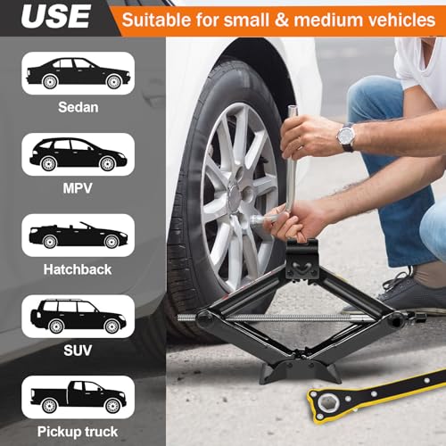 Generic 2T Scissor Jack Car Jack with Larbor-Saving Ratchet Wrench Easy to Lift or Low, Adjustable Lifting Height from 90mm to 360mm, Lightweight Portable Scissor Lift Jack for Small, Medium Vehicles