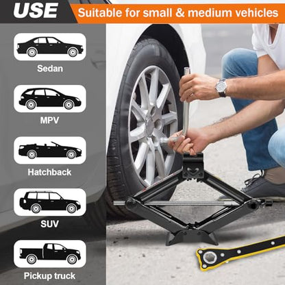 Generic 2T Scissor Jack with Labor-Saving Ratchet Wrench, 4400 lbs Load Capacity, Lifting Height 3.5 to 14 Inch, Space Saving Car Lift Jack for Cars, Vans, Trucks, Portable Tire Jack Repair Kit