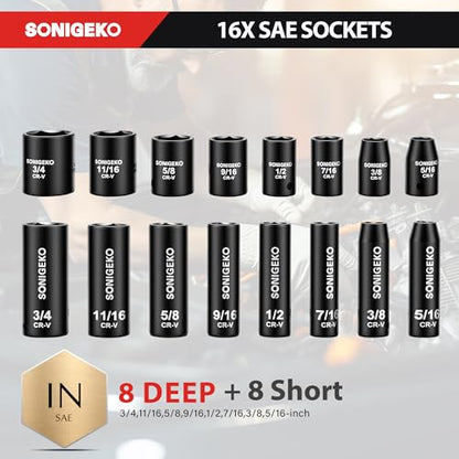 48-Piece 3/8" Drive Impact Socket Set, Standard SAE (5/16 to 3/4 inch) and Metric (8-22mm) Size, 3" and 6" Drive Extension Bar, Impact Universal Joint, 3/8" to 1/2" Impact Adaptor, CR-V Steel - size: 48 PCS, 3/8" Socket Set, Metric & SAE
