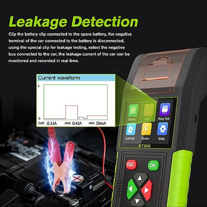Automotive Battery Tester with Printer, 12V 24V Car Battery Load Tester and Alternator Tester, 20-2000 CCA Battery Capacity Tester, Relay Tester, Leakage Test for Heavy Duty Truck, BT500 - style: BT500