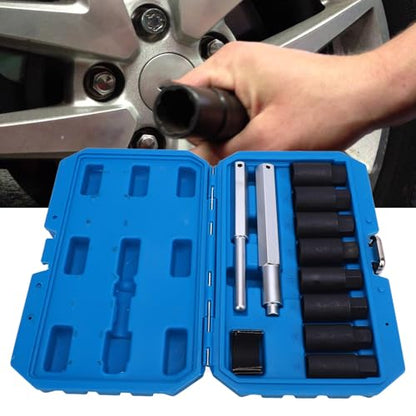 Alomejor Wheel Lock Removal Kit CR MO 1 2in Drive Lug Nut Extractor Kit 10 Piece with Reverse Spiral Grip 8 Sizes 18mm to 25mm for Cars SUVs Trucks Boat Home Repair