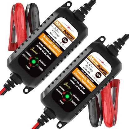 MOTOPOWER MP00205A 12V 800mA Automatic Battery Charger Maintainer, 2-Pack | Battery Charger, Battery Maintainer, Trickle Charger and Battery Desulfator