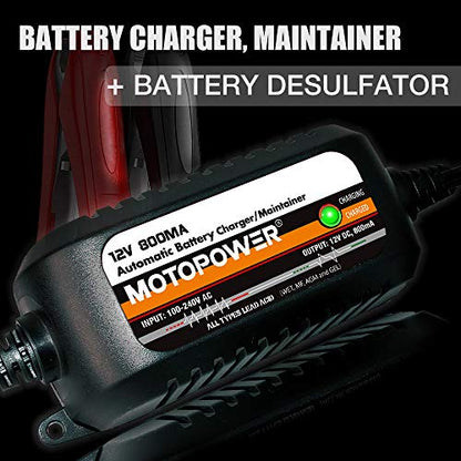 MOTOPOWER MP00205C 12V 800mA Automatic Battery Charger Maintainer - 2 Pack | Functions as a charger, maintainer, trickle charger and desulfator