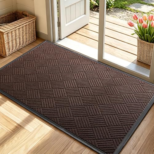 Front Door Mat, Heavy Duty Waterproof Rubber Doormat for Indoor Outdoor, Non-Slip Low Profile Dirt Trapper Absorbent Mat for Entryway, Stain Fade Resistant Easy Clean 47.5"x35.5", Brown - color: Brown, size: 2'11" x 3'11" (Rectangular)