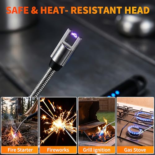2 Pack Rechargeable Type C Electric Lighters, Flameless and Windproof Candle Lighters with Plasma Arc, 360° Long Reach Flexible Neck & LED Power Display for Candles, BBQ Grill &Camping(Silver) | Flameless, Windproof, Plasma Arc, 360° Long Reach Flexible N