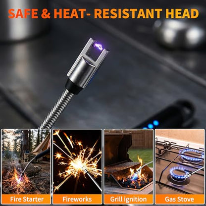 2 Pack Rechargeable Type C Electric Lighters, Flameless and Windproof Candle Lighters with Plasma Arc, 360° Long Reach Flexible Neck & LED Power Display for Candles, BBQ Grill &Camping(Silver) | Flameless, Windproof, Plasma Arc, 360° Long Reach Flexible N