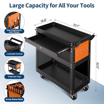 4 Tier Heavy Duty Rolling Tool Cart On Wheels, 350 Lb Capacity, Metal Utility Carts with Lockable Drawer & Side Pegboards, Mechanic Tool Storage Organizer for Garage Workshop Repair Shop