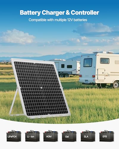 VEVOR 30W 12V Solar Panel Battery Charger, Solar Battery Trickle Charger Maintainer with Intelligent MPPT Controller & Adjustable Mount Bracket, IP67 Waterproof for Car Boat RV Motorcycle Trailer - style: 30W