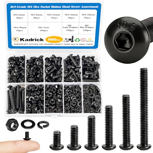 Kadrick 595Pcs M4 Screw Assortment,Machine Screws with Nuts Washers, Grade 10.9 Alloy Steel Hex Socket Button Head Black M4 Bolts Kit,Lenth Form 6mm-30mm - size: M4 600Pcs 6-30mm