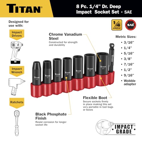 Titan 46301 8-Piece 1/4-Inch Drive SAE Deep Impact Socket Set, 6-Point, SAE Sizes 3/16 to 9/16-Inch - size: 8-Piece SAE Deep, style: 1/4-Inch Drive
