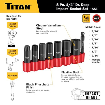 Titan 46301 8-Piece 1/4-Inch Drive SAE Deep Impact Socket Set, 6-Point, SAE Sizes 3/16 to 9/16-Inch - size: 8-Piece SAE Deep, style: 1/4-Inch Drive