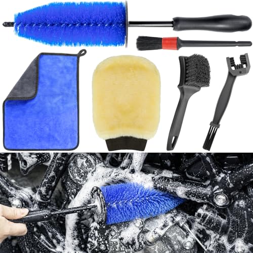 focopot Motorcycle Cleaning Kit 6 Pack with Easy Reach Brush,Tire Brush,Wool Wash Mitt,Chain Brush,Detailing Brush and Microfiber Towel for Cleaning Motorcycle Mudguard,Rims,Exhaust,Frame