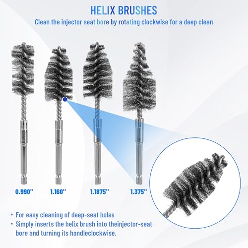 17-Pack Professional Diesel Injector Seat Cleaning Set 8090S on Cylinder Heads with Swabs and Helix Brushes, Two-Stage Brushes, Bore Brushes and Swabs Stainless Steel