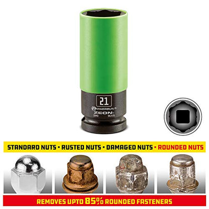 Powerbuilt 21mm Zeon Lug Nut Socket, 1/2" Drive – Impact Rated Chromoly Steel for Damaged & Rounded Lug Nuts, Patented Design Grips up to 85% Rounded, Includes Protective Wheel Saver Sleeve - 941435M - size: 21 mm