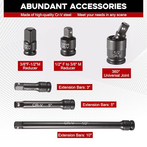Aloanes 25-Piece 1/2" Drive Socket Set, SAE (3/8"- 1-1/2"), Deep Sockets, 1/2" F to 3/8" M Reducer,3/8" F to 1/2" M Reducer, Universal Joint, Extension Bars, 6 Point, Cr-V - size: 1/2" 25 PCS SAE
