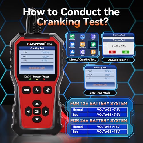KONNWEI KW341 6V 12V 24V Battery Tester for Car Truck Motorcycle | Automotive Load tester, Cranking & charging test, CCA 10-2000, Supports lead-acid/AGM/GEL/EFB/Lithium, In/out-vehicle modes
