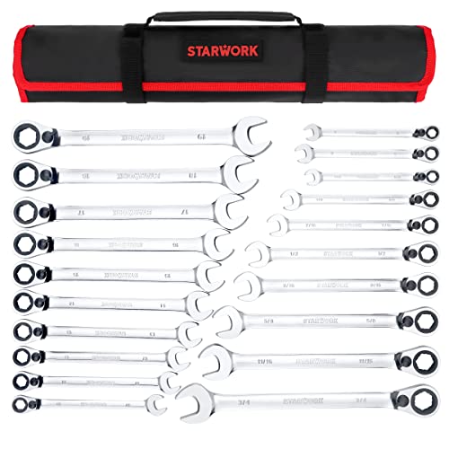 STARWORK TRUE MECHANIC™ 20 Pc. Reversible Ratcheting Wrench Set, Combination Ratchet Wrench Set, Non-Slip, Long Pattern, 6-Point 15° Offset, Professional, SAE/Metric (5/16-3/4" & 8-19 mm)