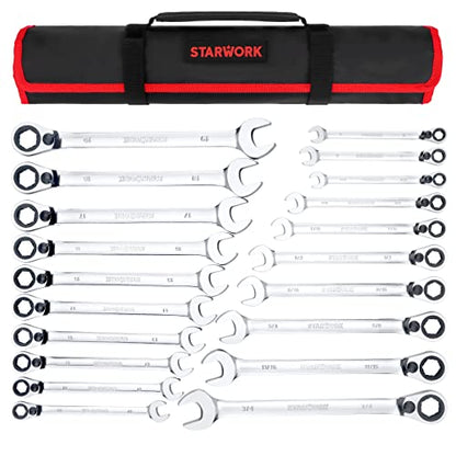 STARWORK TRUE MECHANIC™ 20 Pc. Reversible Ratcheting Wrench Set, Combination Ratchet Wrench Set, Non-Slip, Long Pattern, 6-Point 15° Offset, Professional, SAE/Metric (5/16-3/4" & 8-19 mm)