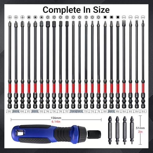 6-Inch Long Screwdriver Bit Set, 63-Pcs Impact Screwdriver Bits Set, Magnetic S2 Steel, 1/4" Hex Shank, Torx/Phillips/Hex/Nut Driver Bits with Organized Storage Case