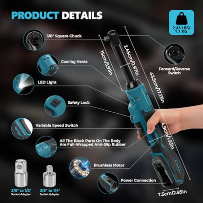 2026 Upgraded Brushless 3/8" Cordless Ratchet Wrench Compatible with Ma-kita 18V Batteries (No Battery), 60 ft-lbs Max Torque, Variable Speed, LED Light for Auto, Home & Workshop