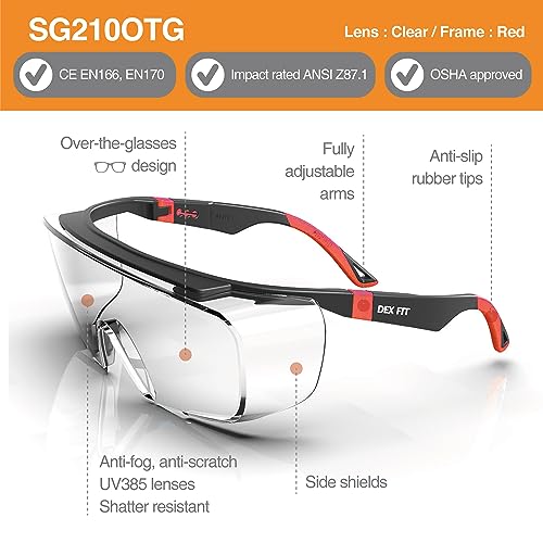 DEX FIT Safety Glasses Over Eyeglasses SG210 - Anti-Fog & Scratch Resistant Z87.1 Certified, Adjustable Temples, Side Shields, UV Protection, Clear Lens PPE for Men & Women; Black & Red, 6 Pack - color: Black/Red - Clear, size: 6 Pack