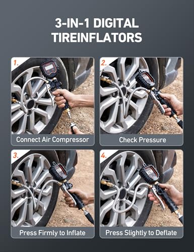 AstroAI Digital Tire Pressure Gauge, Heavy Duty Tire Inflator Gauge 250PSI Air Chuck Compressor Accessories with Stainless Braided Hose, Rotatable Dial&Quick Connect Coupler for Truck/RV/SUV - style: Standard