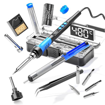 Soldering Iron Kit, 90W 110V LCD digital soldering gun，12-in-1 Soldering Iron Kit Tool，Temperature adjustable from 180-480°C，5 soldering tips，soldering wire，soldering paste，soldering pump - color: Sky Blue