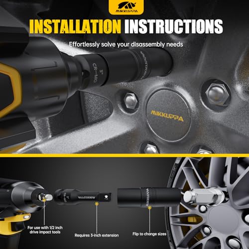 MIKKUPPA 5 PCS 1/2" Drive Impact Socket Set, Flip Socket Set, Cr-Mo Steel, Includes 3 Inch Bar Extension, Double Side Half Size Lug Nut Extractor Set
