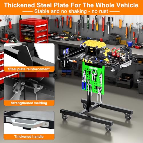 Adjustable Height Mobile Work Table with Rolling Wheels | Rolling Tray Table, For Mechanics, Garages, Repair Shops, Warehouse, Workshop, DIY