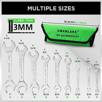 SWANLAKE GARDEN TOOLS 19-Piece Super-Thin Open End Wrench Set with Rolling Pouch, Metric 5.5–27 mm & SAE 1/4"-1-1/16", 3 mm Thickness Slim Spanner Wrench Set, Carbon Steel - style: 19PCS Metric&SAE Super-Thin