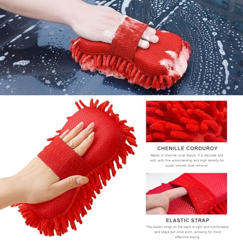 Microfiber Car Wash Sponge, Scratch-Free Vehicle Washing Mitt with Chenille & Mesh Sides, Highly Absorbent Sponge Lint-Free Cleaning Tool for Car Washing & Detailing (Red) - color: Red