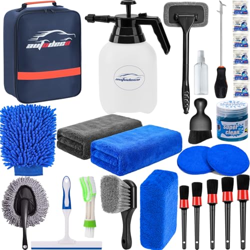28Pcs Car Detailing Kit Wash Cleaning Kits with Pump Foam Sprayer Windshield Cleaning Tool Wash Brush Large Wash Mitt Towels Complete Interior Exterior Car Detailing Supply Set Blue - size: 28Pcs