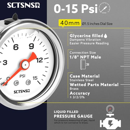 0-15 Psi Fuel Pressure Gauge, 1.5" Dial Size, 1/8" NPT Back Mount, Stainless Steel Case, Glycerin Liquid Filled, Inline Low Pressure Gauge, for Oil Water Air Pressure Test - size: 0-15 Psi, style: Back Mount