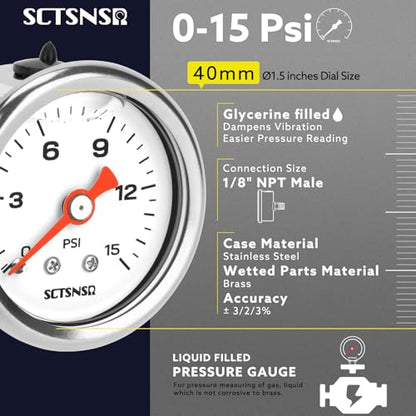 0-15 Psi Fuel Pressure Gauge, 1.5" Dial Size, 1/8" NPT Back Mount, Stainless Steel Case, Glycerin Liquid Filled, Inline Low Pressure Gauge, for Oil Water Air Pressure Test - size: 0-15 Psi, style: Back Mount