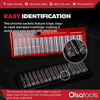 Olsa Tools Metric Deep Socket Set - 1/4-Inch Drive, 14pc - 6-Point Chrome Sockets from 4mm–15mm and No Skipped Sizes - Mechanic Deep Metric Socket Set - Professional Grade Long Sockets - Part: 1327 - color: Metric Deep, size: 14pc, 1/4-Inch Drive
