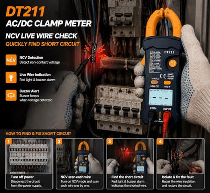DT211 Mini Smart Clamp Meter | Digital Multimeter AC/DC Voltage & Current Tester | True RMS | NCV Non-Contact Voltage | Resistance, Capacitance, Frequency | Portable for Home/Automotive/Electricians