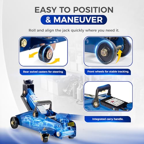 Hantec - 2 Ton Hydraulic Floor Jack - Trolley Lift with Safety Valve, Swivel Wheels, and Hard Carrying Case - 4,400 lbs Capacity - Blue