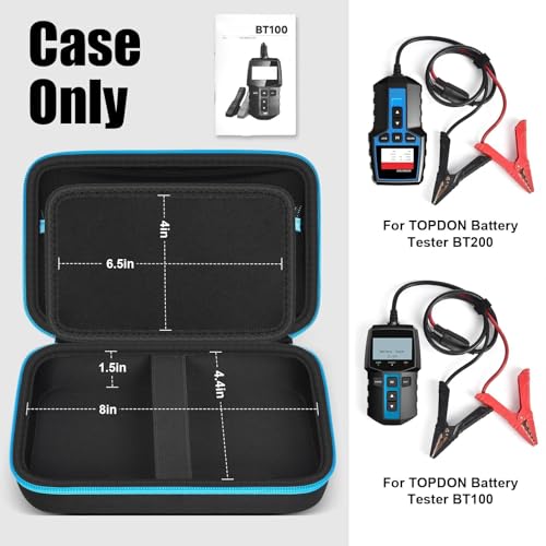 Casmilee Battery Tester Case for TOPDON BT100/BT200 100-2000CCA, Case Only | Hard Case, Layered Storage for Tester, Clamps and Cables, Mesh Pocket, Garage and Roadside Carry, Blue