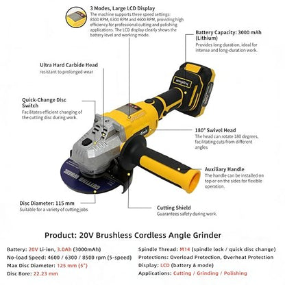 Brushless Cordless Power Tool Combo Kit for Heavy DIY & Semi-Professional Use – 50Nm Drill Driver, 380Nm Impact Wrench, 5" Angle Grinder LCD, 2×3000mAh Batteries, Carry Case &&Accessories