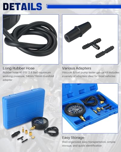 DASBET Car Vacuum and Fuel Pump Tester Gauge Kit, Fuel Pump and Vacuum Tester Gauge, Leak Carburetor Pressure Diagnostics
